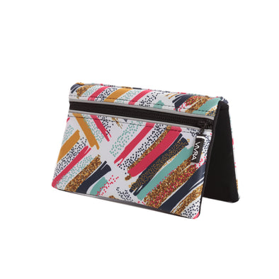 Bi-fold belt-less magnetic bum bag made of neoprene fabric with a multi-coloured print consisting of constellations of striations and dots.  Waist bag contains 4 concealed magnets – one in each corner to secure to any waist band.