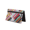 Bi-fold belt-less magnetic bum bag made of neoprene fabric with a multi-coloured print consisting of constellations of striations and dots.  Waist bag contains 4 concealed magnets – one in each corner to secure to any waist band.