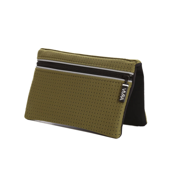 Bi-fold belt-less magnetic bum bag made of neoprene fabric in khaki green block colour. Neoprene has a perforated sporty design aesthetic.  Waist bag contains 4 concealed magnets – one in each corner to secure to any waist band.
