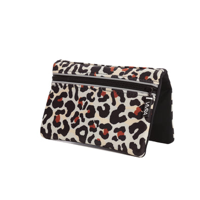 Bi-fold belt-less magnetic bum bag made of neoprene fabric in a leopard print.  Waist bag contains 4 concealed magnets – one in each corner to secure to any waist band.