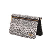 Stylish bi-fold belt-less magnetic bum bag made of black and white leopard print neoprene fabric with matching gold insignia and shoulder chain.  Belt bag contains 4 concealed magnets – one in each corner to secure to any waist band.
