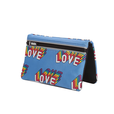 Bi-fold belt-less magnetic bum bag made of neoprene fabric in rainbow ‘LOVE’ print.  Waist bag contains 4 concealed magnets – one in each corner to secure to any waist band.