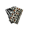 Bundle pack of 2 bi-fold belt-less magnetic bum bags made of neoprene fabric in geometric print.  One pouch has a leopard print design and the other has a zebra print design.  Each waist bag contains 4 concealed magnets – one in each corner to secure to any waist band.