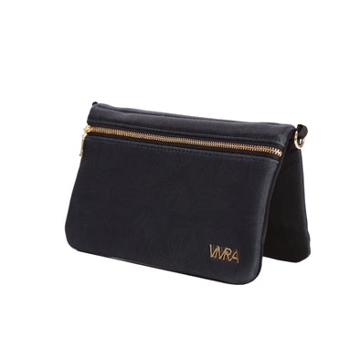 Stylish bi-fold belt-less magnetic bum bag made of dark navy neoprene fabric with a subtle floral design.  Waist bag has matching gold insignia and shoulder chain.  Belt bag contains 4 concealed magnets – one in each corner to secure to any waist band.